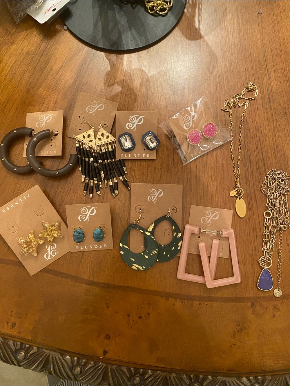 Plunder Pink Square Hoop Earrings with Gold Accents. Necklaces 10 items